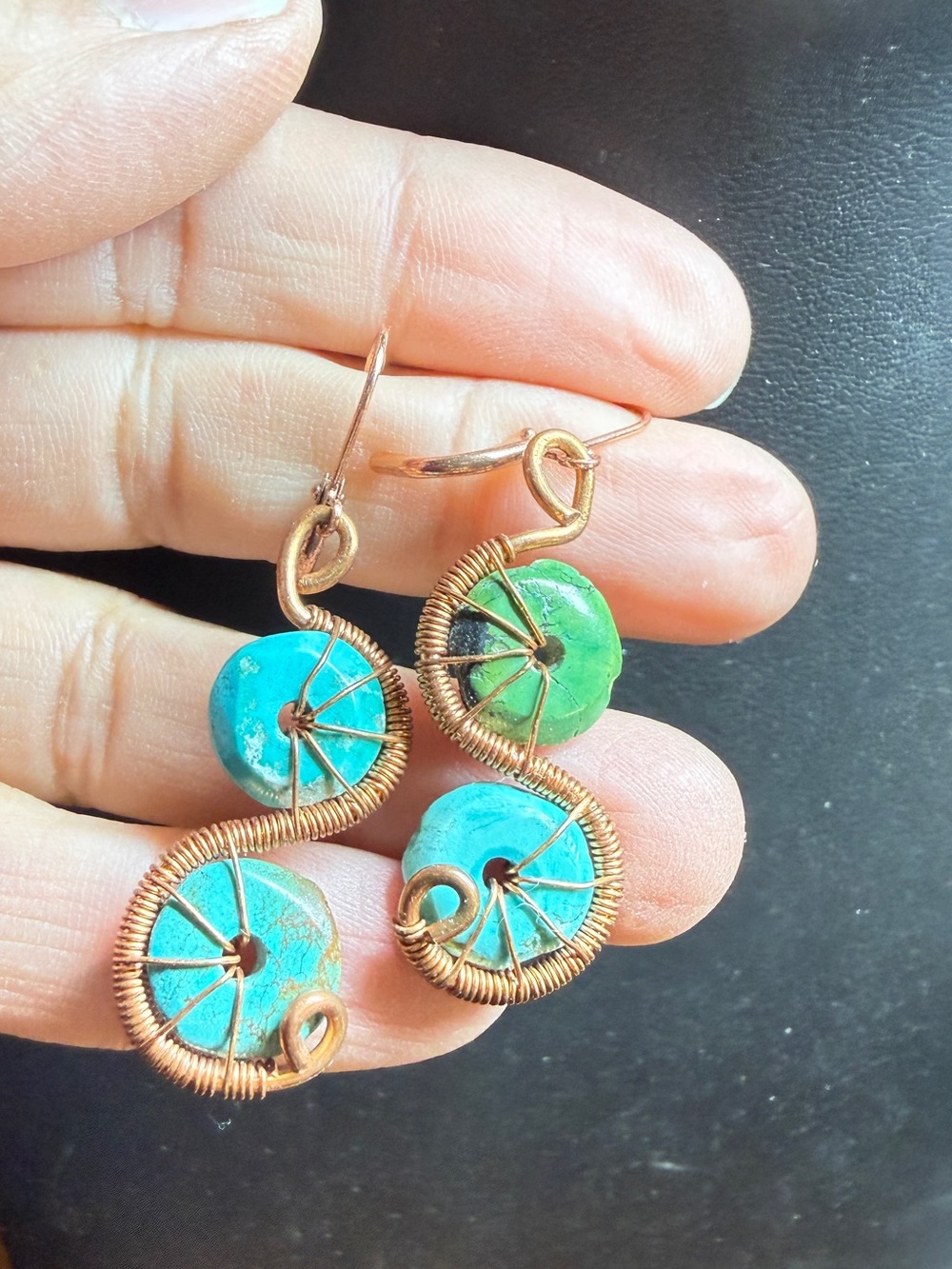 Artisan Made Turquoise Double-Disc Wire-Wrapped Drop Earrings - Picture 3 of 5